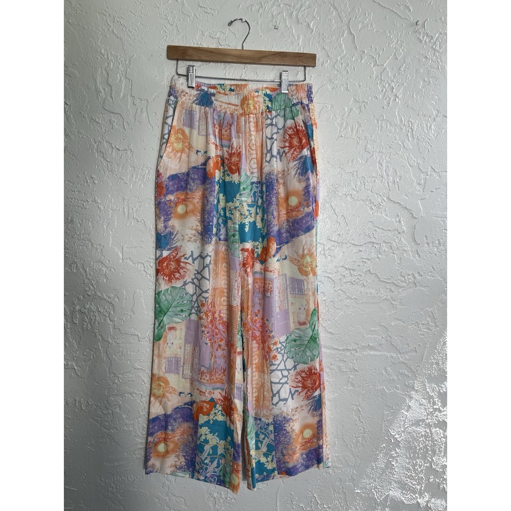 Sunny‎ Leigh Tropical Patchwork Wide Leg Palazzo Pants Linen Blend Boho Size S
